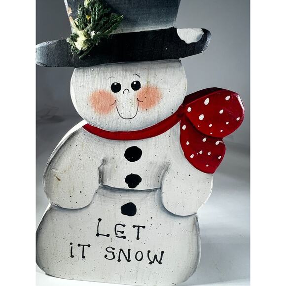 Vintage Christmas Handpainted Folk Snowman Let It Snow Wooden Decor - Picture 7 of 9
